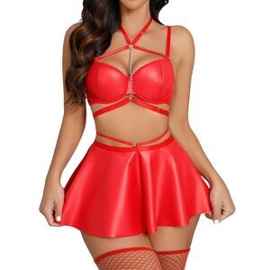 9598 Sexy Leather Lingerie Set Choker Chain Mini Lingerie Dress Strappy Bra